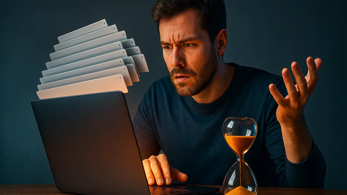 Man looking confused at laptop with multiple browser tabs floating above and hourglass on table beside him