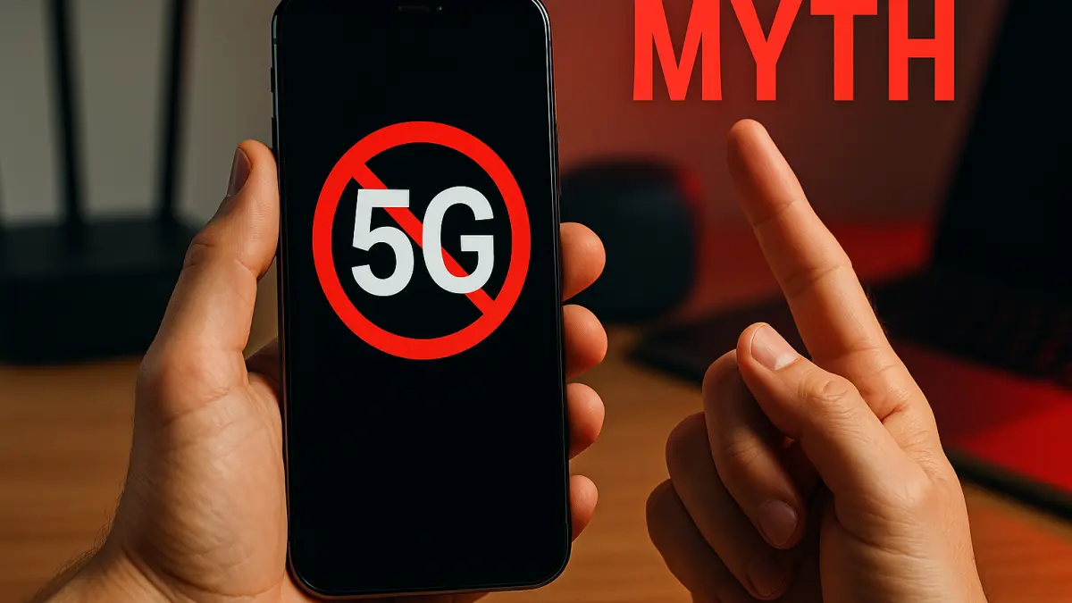 Hand holding a smartphone displaying a 5G symbol crossed out, with a finger pointing and the word "MYTH" in red