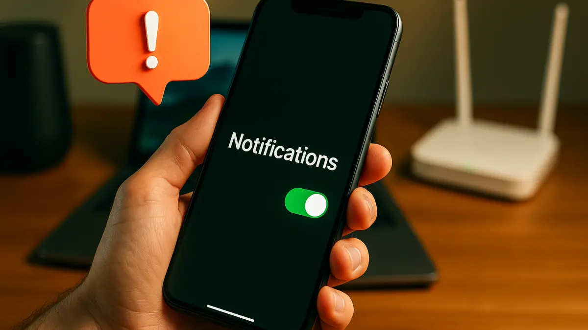 Hand holding smartphone with notifications setting turned on, blurred laptop and router in the background, and red alert icon nearby