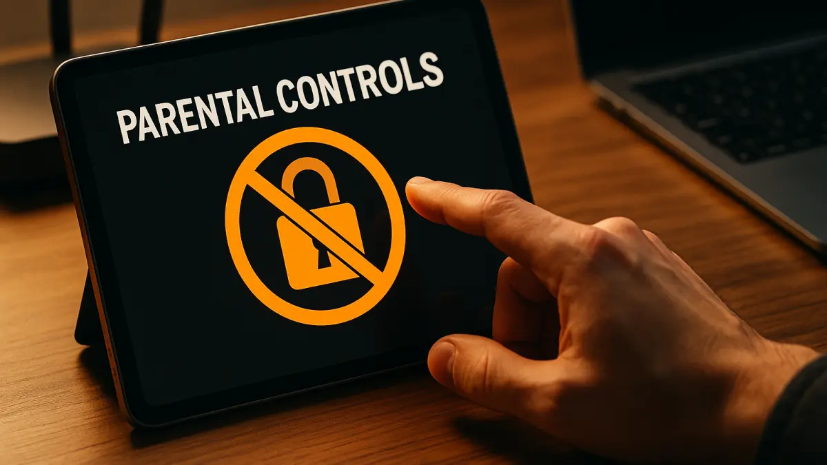 Person's hand reaching toward a tablet screen displaying "PARENTAL CONTROLS" with a crossed-out padlock icon