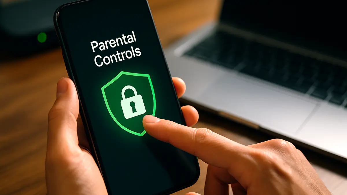 Hand holding smartphone displaying "Parental Controls" text and a green shield with a lock icon, finger about to tap the screen