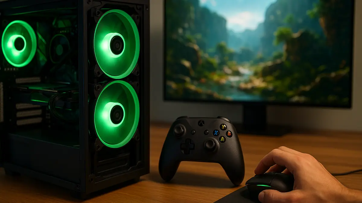 Gaming PC with green-lit cooling fans, a black game controller, and a hand using a mouse in front of a monitor displaying a nature scene