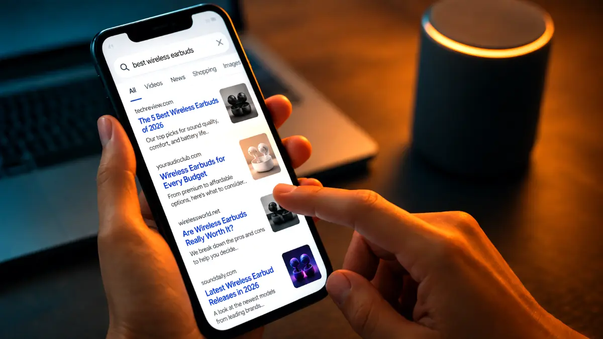 Hand holding smartphone showing search results for wireless earbuds with a laptop and smart speaker in the background