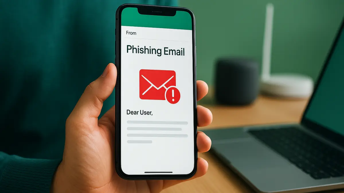 Hand holding smartphone displaying a warning for a phishing email with a red alert icon, laptop and router blurred in the background
