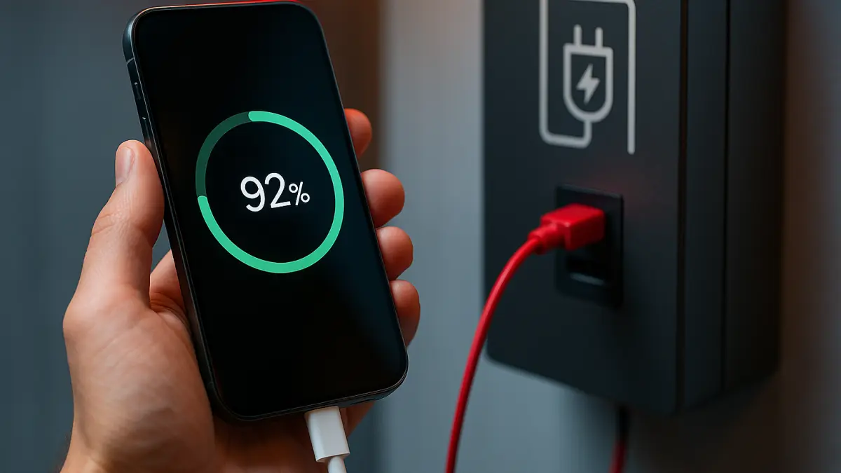 Hand holding a smartphone showing 92% battery charge connected with a white cable to a public charging station