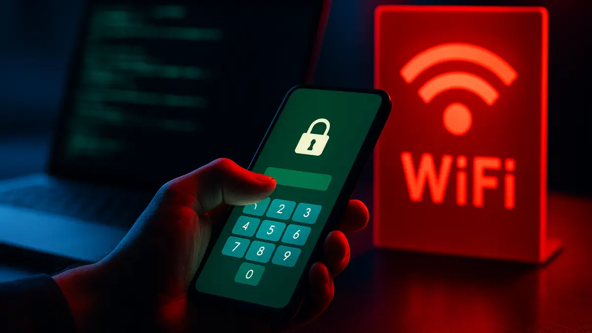 Hand holding smartphone with lock screen and keypad, glowing red Wi-Fi sign in the background on a dark desk