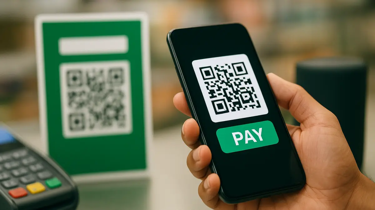 Hand holding smartphone displaying a QR code and a green "PAY" button, with a QR code sign and payment terminal in the background