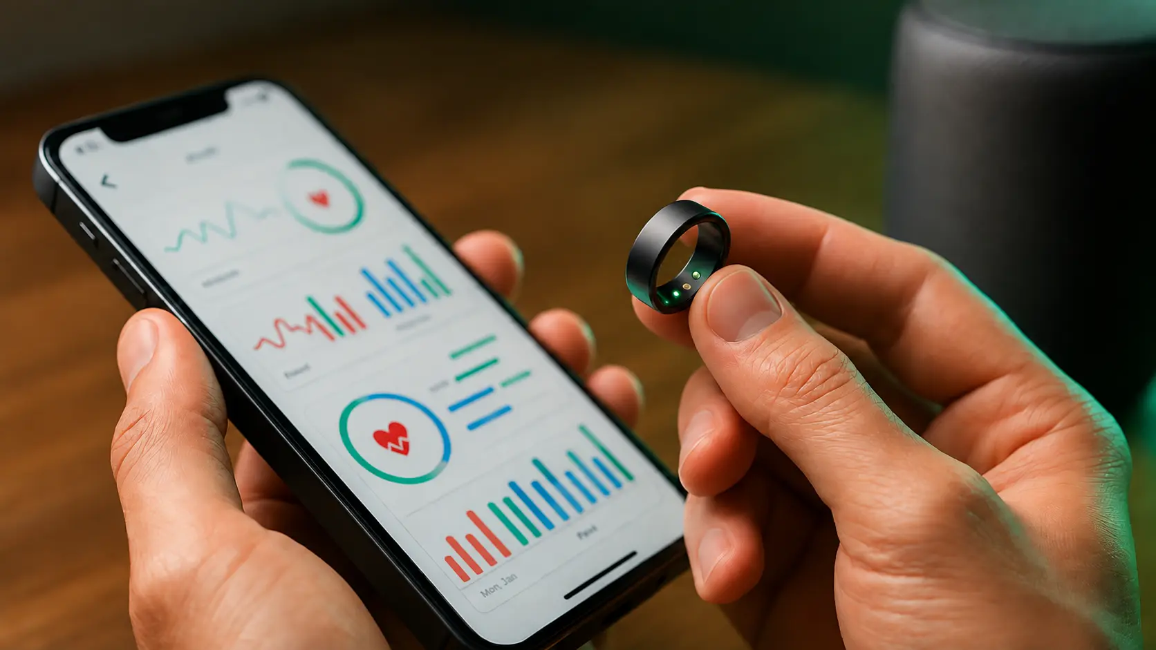 Person holding a black smart ring in one hand and a smartphone displaying colorful health tracking graphs in the other hand