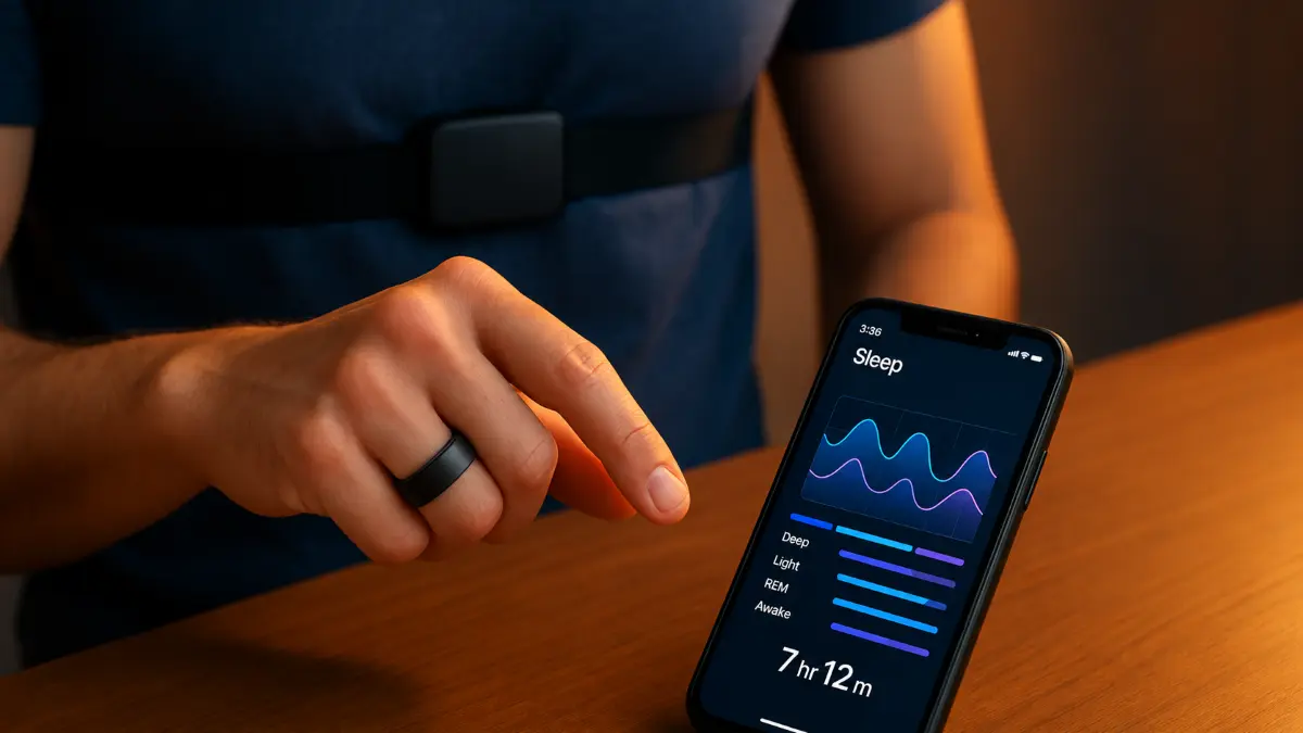 Person wearing a black smart ring and chest strap interacts with a phone showing detailed sleep stage data and graphs