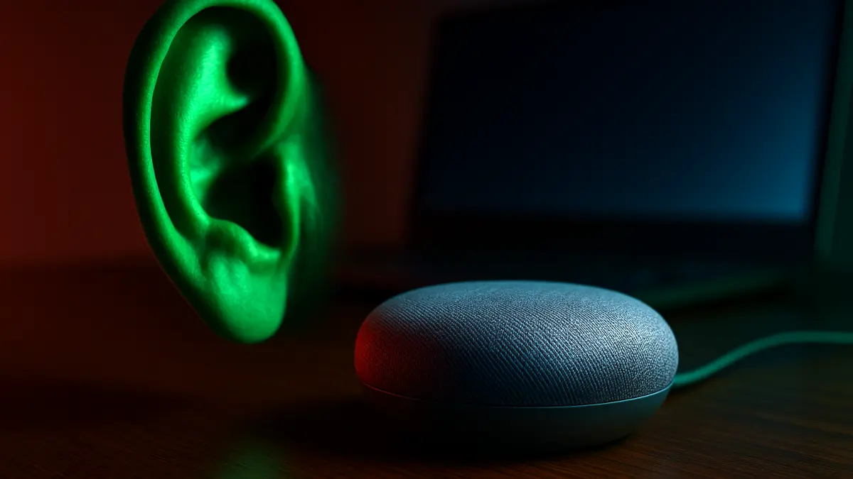 A large green-lit ear facing a smart speaker device on a dark wooden surface with a laptop in the background
