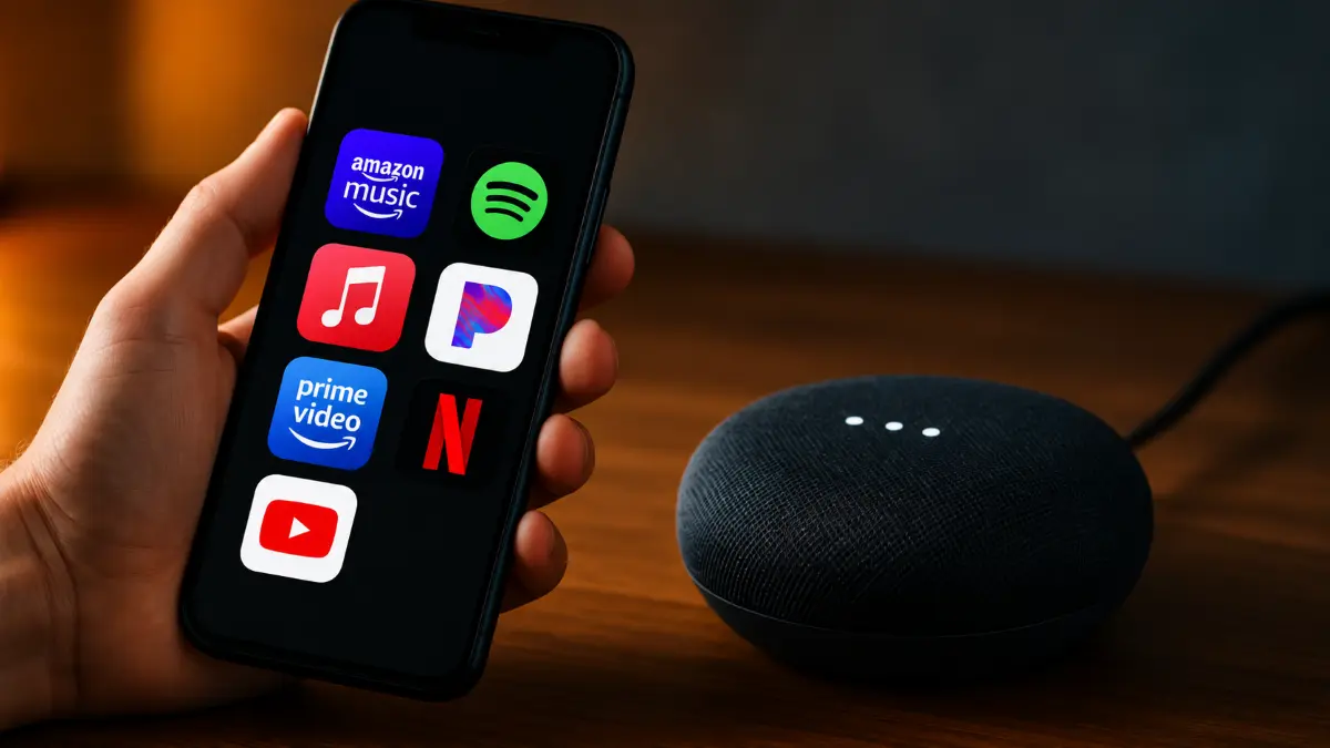 Hand holding smartphone showing streaming app icons next to a black smart speaker with three white indicator lights