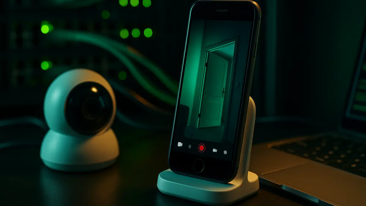 Smartphone on a stand showing live video of an open door, next to a white security camera and a laptop on a dark desk
