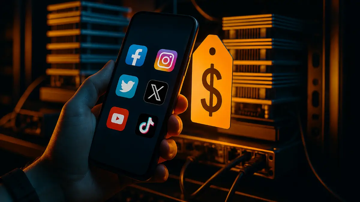 Hand holding a smartphone displaying social media app icons with a glowing orange price tag symbol in the background
