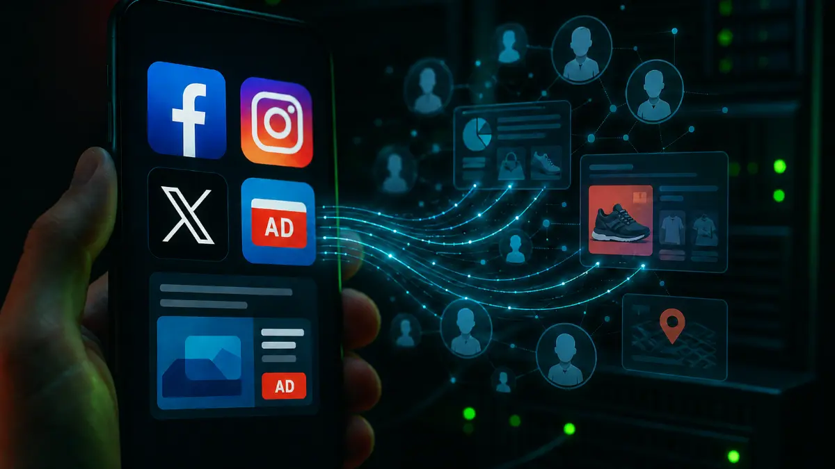 Hand holding a phone showing social media app icons and targeted ads connected to user profiles and product data streams