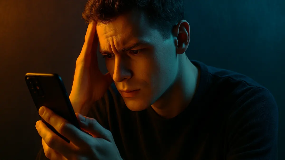 Young man with a concerned expression staring at his phone, illuminated by warm and cool lighting in a dark setting