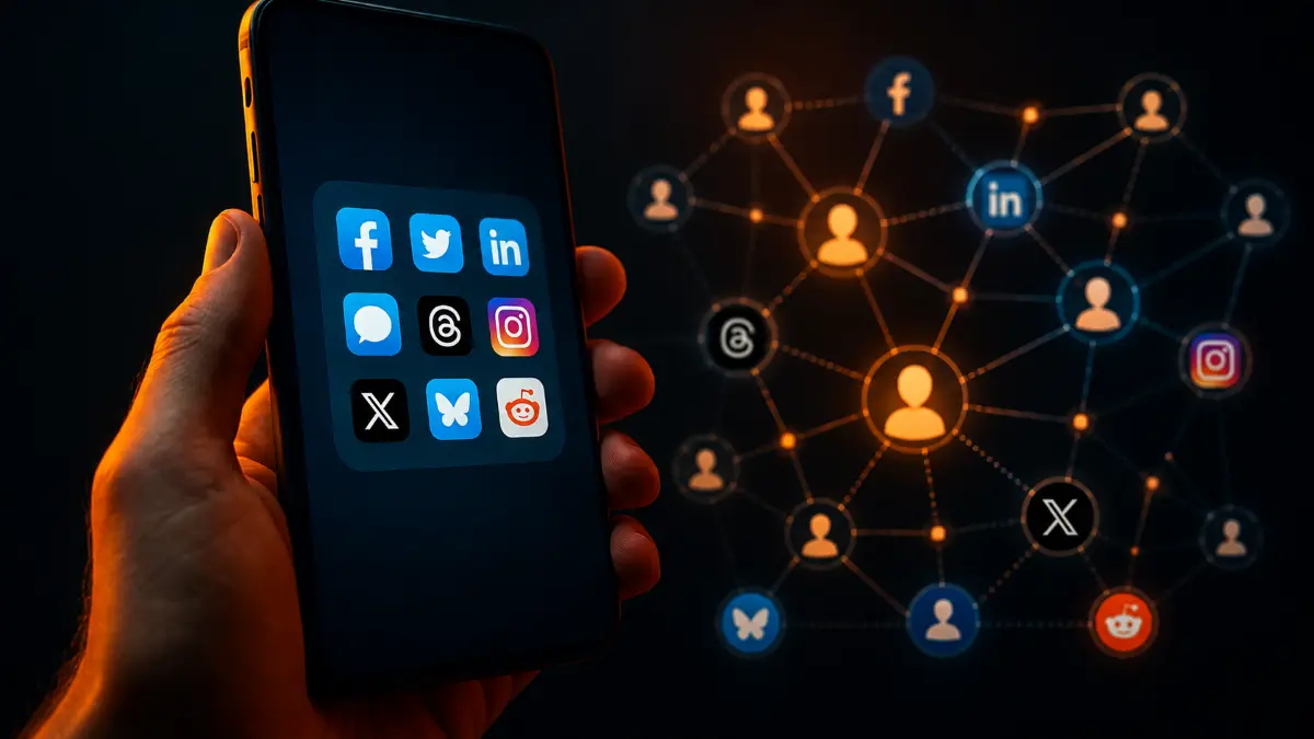 Hand holding a smartphone displaying social media app icons with a digital network of connected user icons and social logos in the background