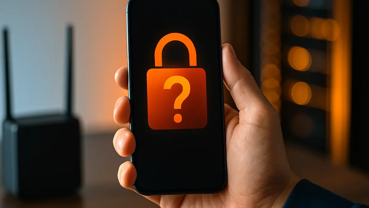 Hand holding a smartphone displaying an orange padlock with a question mark, symbolizing security uncertainty