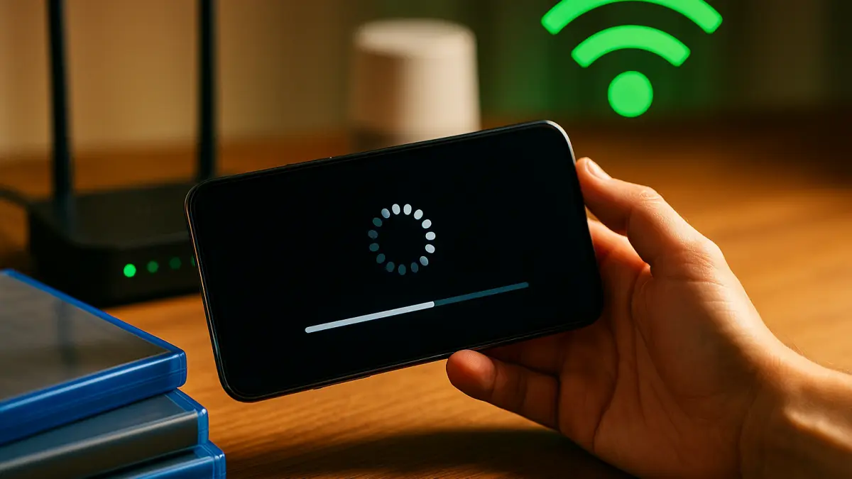 Hand holding a smartphone with a buffering screen, a Wi-Fi router, and stacked Blu-ray discs on a wooden surface