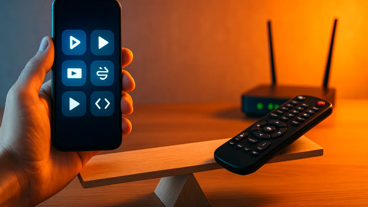A hand holding a smartphone with streaming app icons on screen, balancing against a TV remote on a wooden seesaw