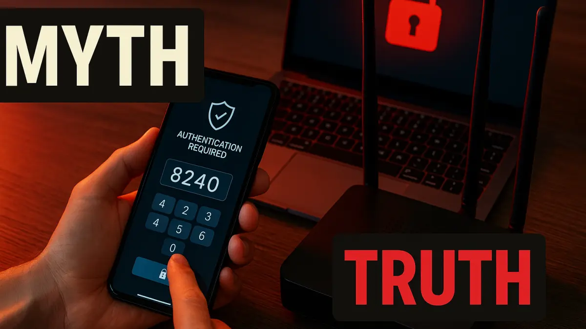 Person holding smartphone with two-factor authentication code near a router and laptop displaying a red padlock icon, text "MYTH" and "TRUTH"