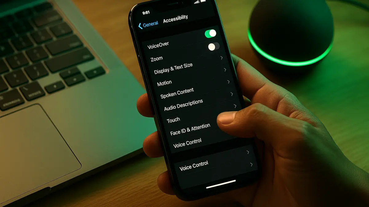 Hand holding smartphone displaying accessibility settings screen, with laptop and smart speaker in the background