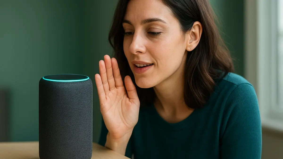 Woman speaking to a smart speaker with a glowing light ring on a table by a window