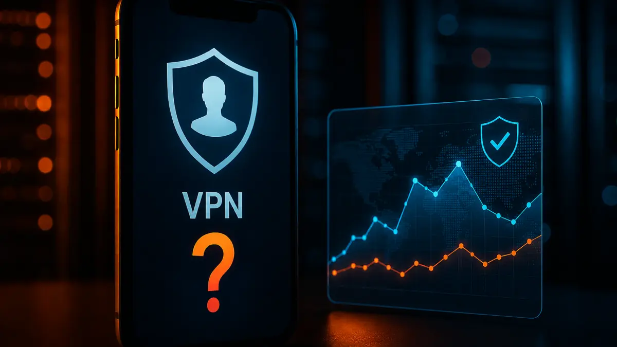 Smartphone screen displaying a shield icon with a user silhouette, "VPN" text, and a glowing question mark, next to a digital graph with a shield checkmark