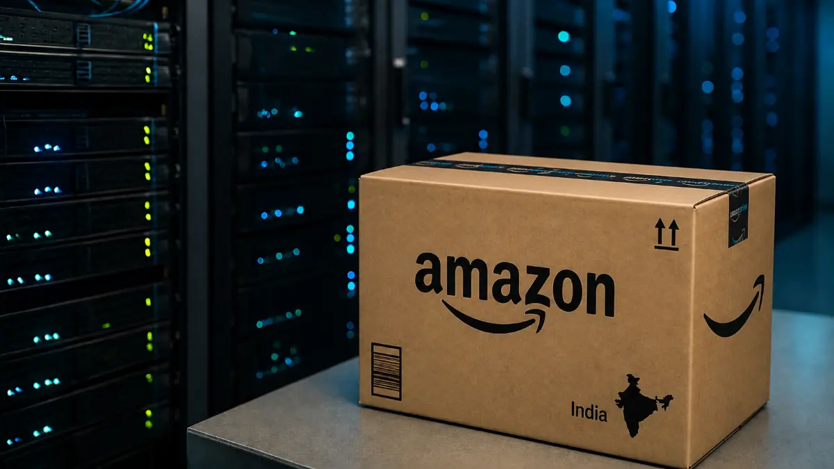Cardboard Amazon shipping box labeled "India" on a table in front of server racks with blinking lights in a data center