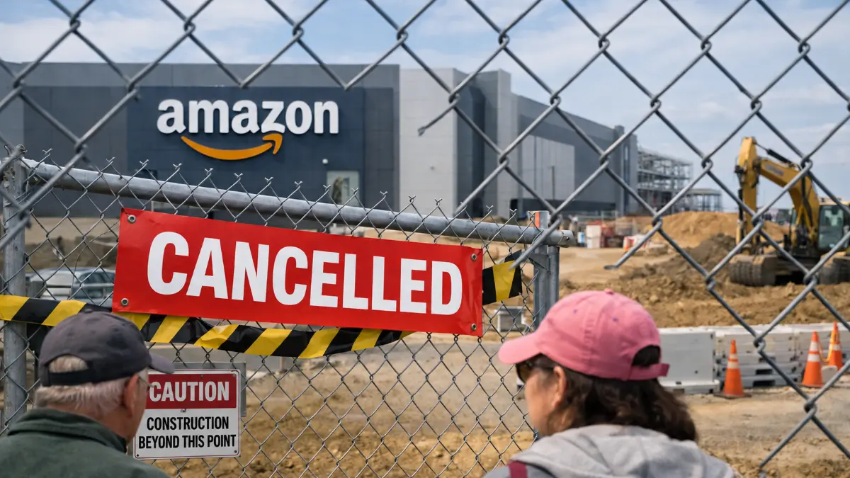View through chain-link fence of partially built Amazon facility with red "CANCELLED" sign and two people observing nearby