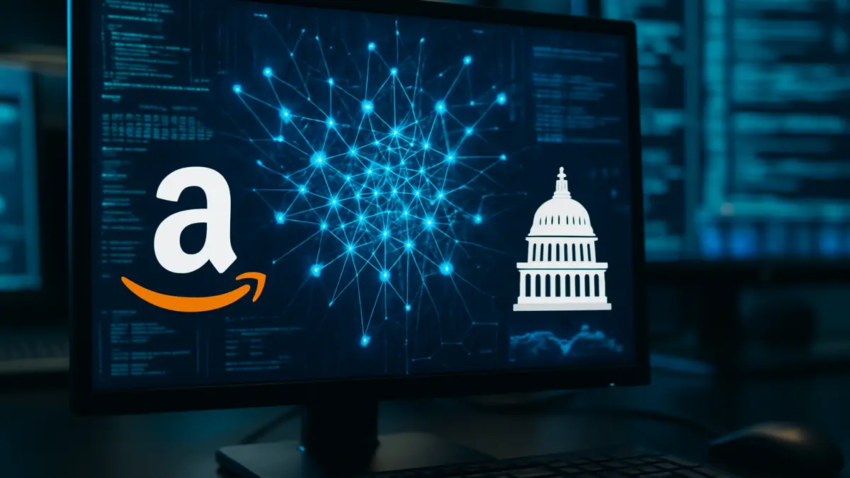 Computer screen displaying Amazon logo, a glowing network of nodes, and a white silhouette of the U.S. Capitol building
