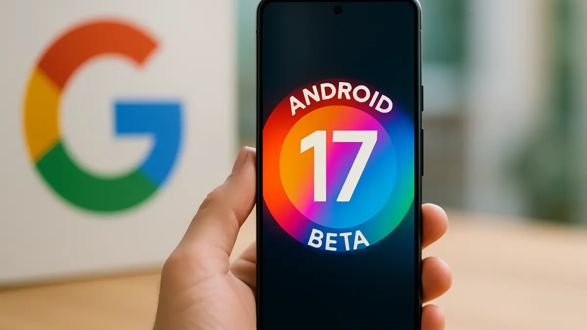 Hand holding a smartphone displaying a colorful Android 17 Beta logo, with a blurred Google logo in the background