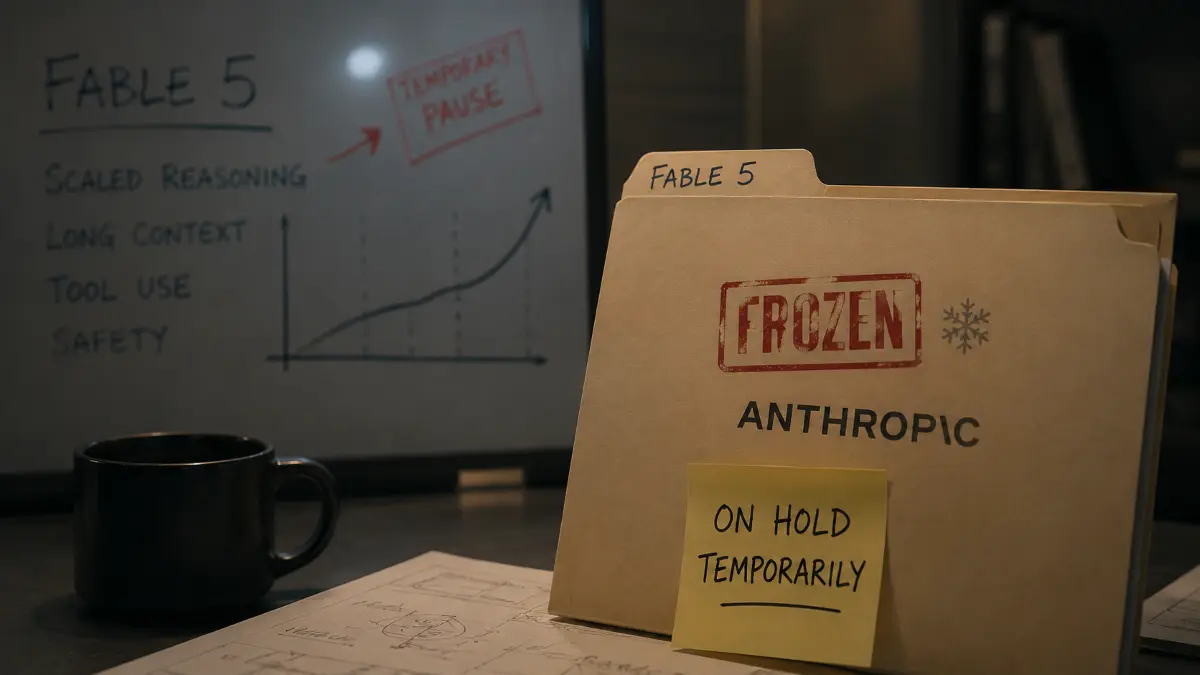 Folder labeled "FABLE 5" with "FROZEN" stamp and "ON HOLD TEMPORARILY" note, next to a black mug and a whiteboard with a graph