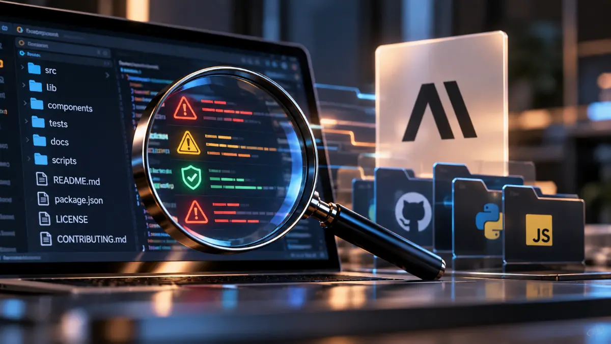Laptop screen displaying code and folders with a magnifying glass highlighting warning and security icons