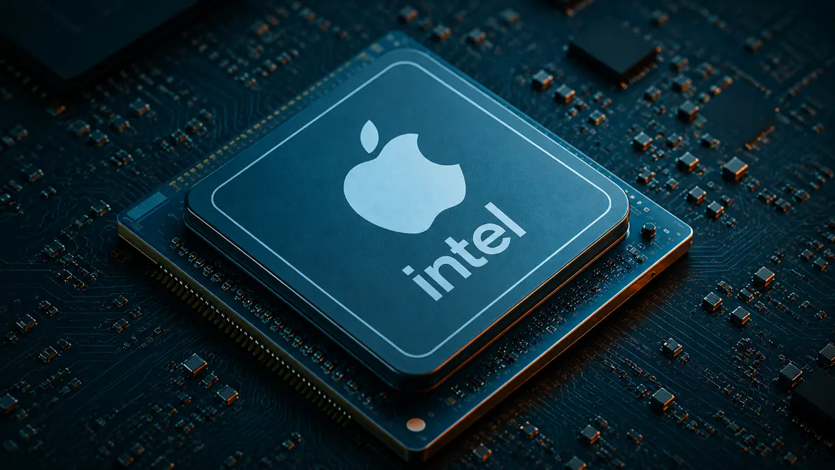 A computer chip on a circuit board featuring combined Apple and Intel logos