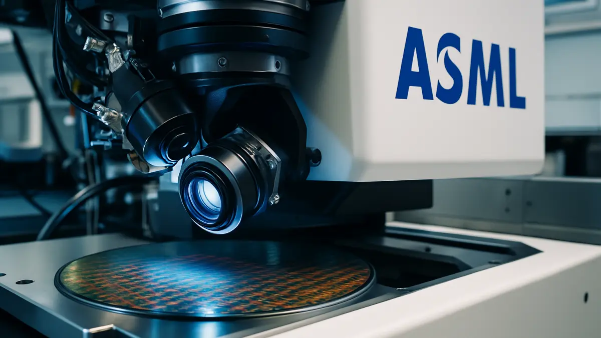 High-tech lithography machine with a wafer under its lens, illuminated by a blue light in a clean industrial setting