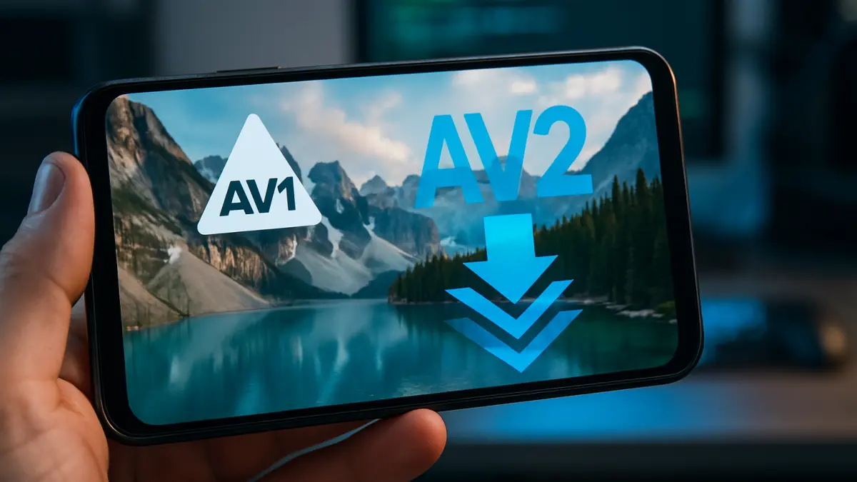 Hand holding smartphone displaying mountain lake with AV1 and AV2 codec icons, highlighting AV2's improved compression
