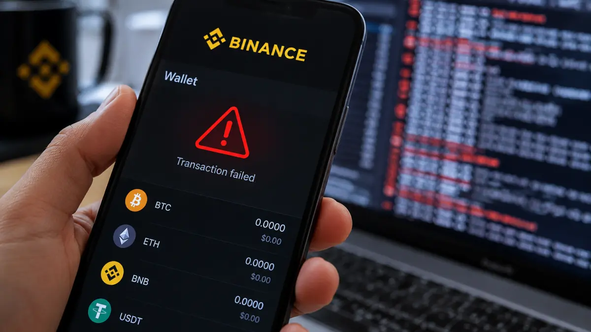 Hand holding a smartphone displaying a Binance wallet with a red warning triangle and "Transaction failed" message, laptop with code in background