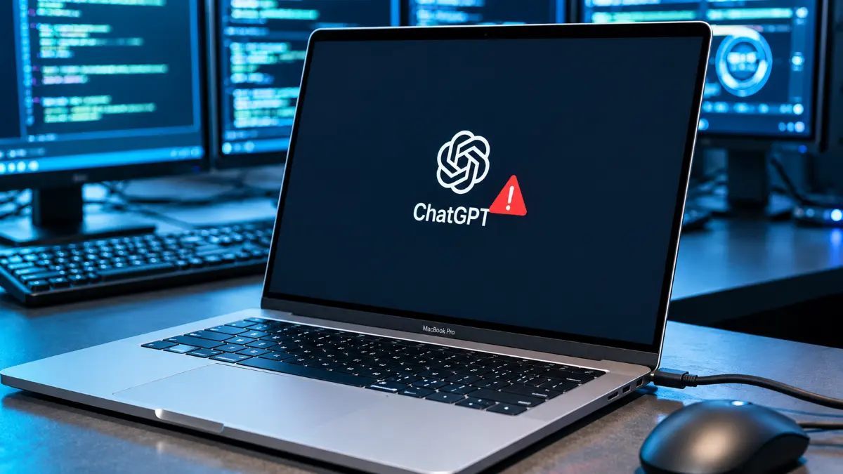 MacBook Pro on desk displaying ChatGPT logo with a red warning symbol, surrounded by computer monitors with code