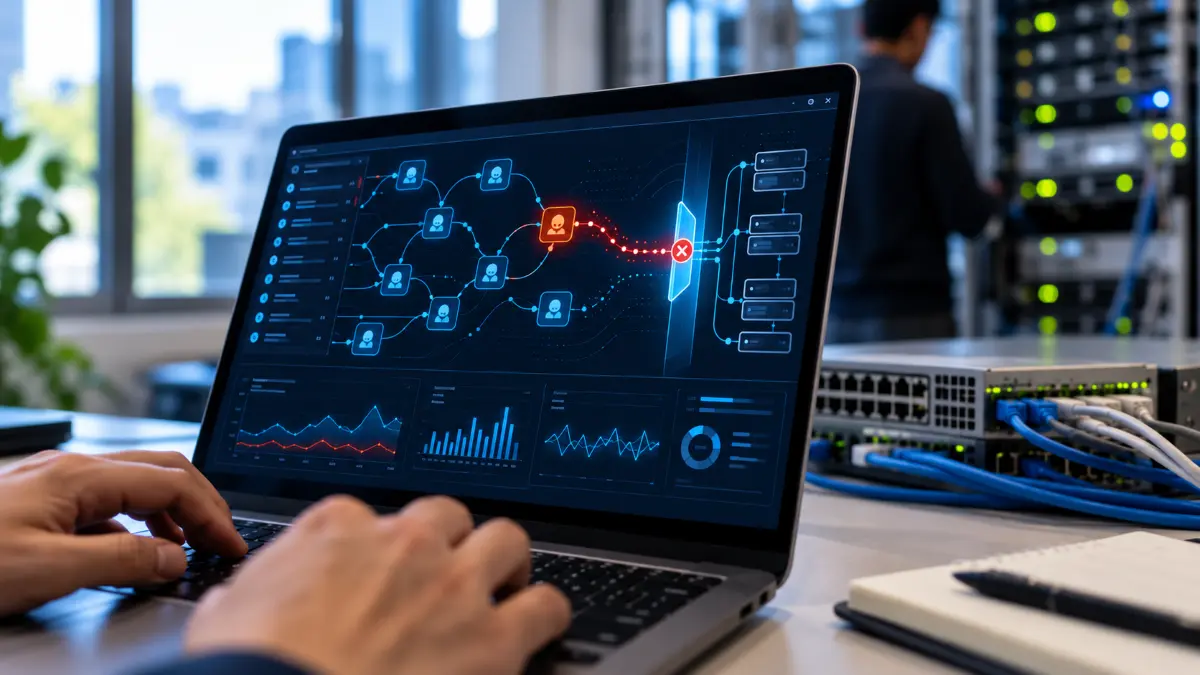 Hands typing on a laptop showing a network diagram with highlighted suspicious node and various data charts, inside a tech workspace