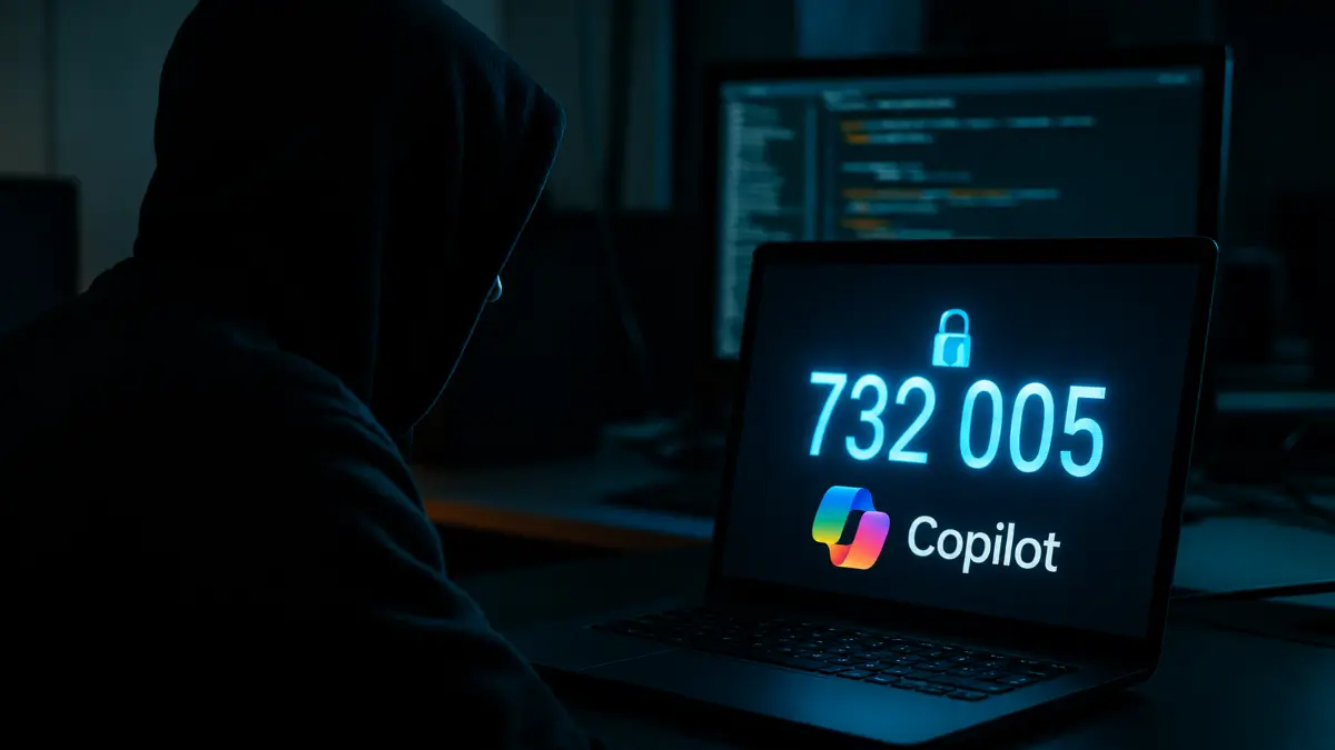 Person in a dark hoodie looking at a laptop screen displaying a 2FA code, a lock icon, and the Copilot logo in a dimly lit room