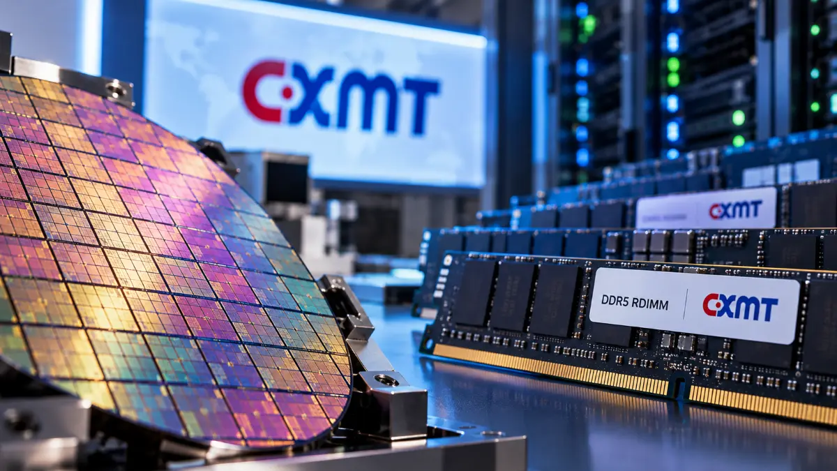 Colorful silicon wafer with multiple chip sections next to rows of DDR5 RDIMM memory modules labeled with a company logo