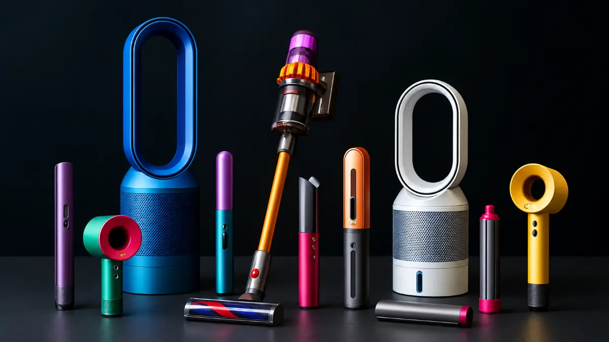 A lineup of colorful futuristic home appliances and gadgets including bladeless fans, vacuum cleaners, and handheld devices on a dark surface