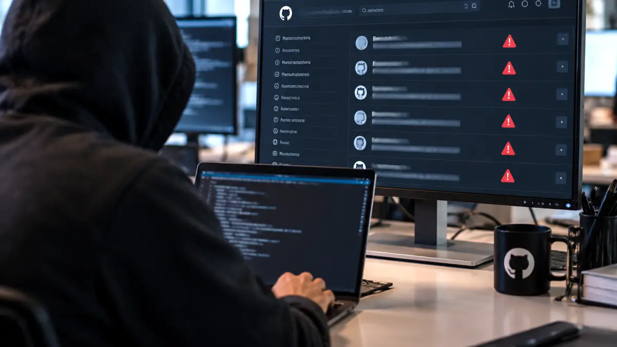 Person in a dark hoodie typing on a laptop with code on screen, facing a monitor displaying multiple alert icons and blurred text