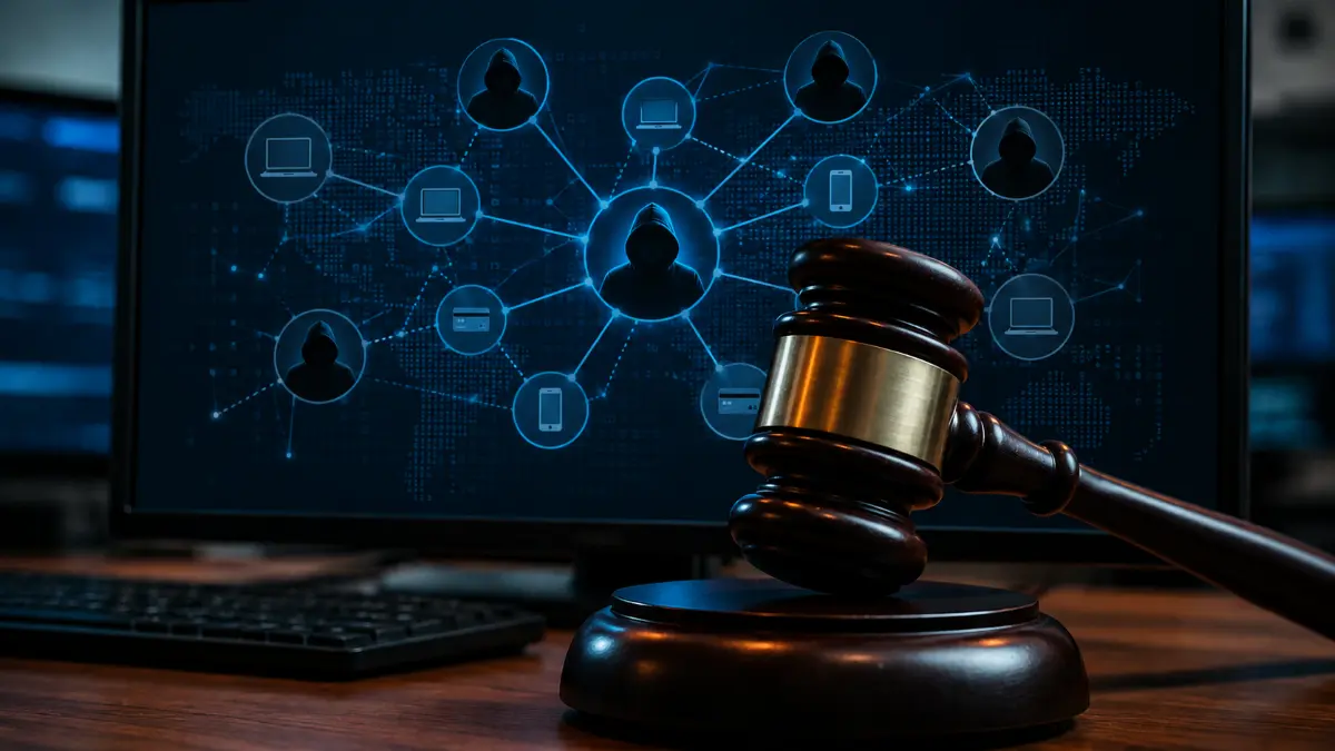 Wooden judge gavel in front of a computer screen showing a network of hooded hacker icons and digital devices