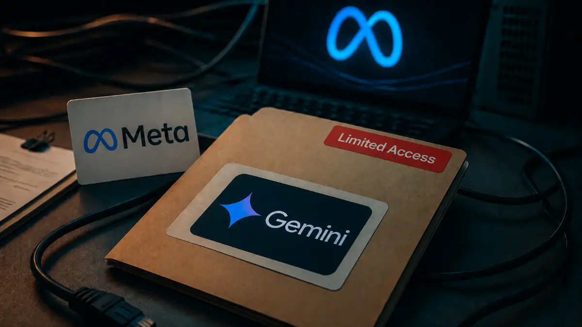 Folder labeled "Gemini" with a "Limited Access" sticker next to a Meta logo card, with a laptop showing Meta's infinity symbol