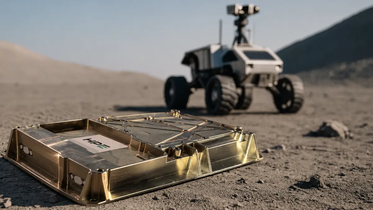 A metallic device with an HPE label resting on lunar-like terrain with a rover blurred in the background