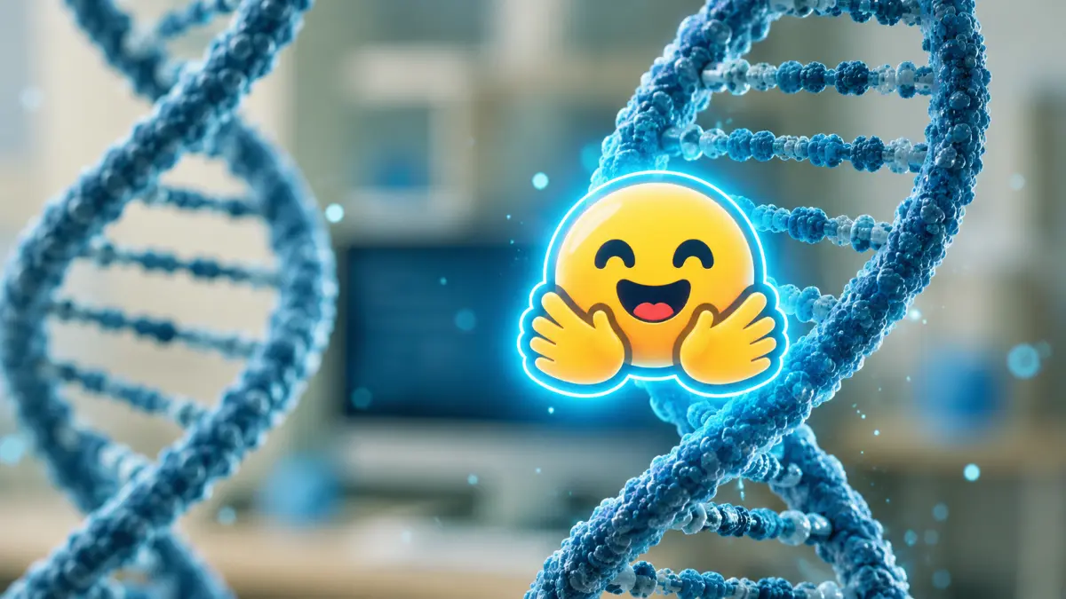 Close-up of blue DNA double helix strands with a glowing yellow hugging face emoji in a blurred scientific background