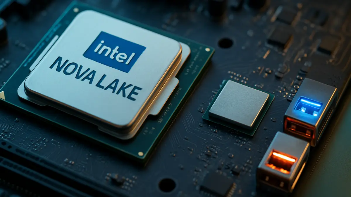 Close-up of an Intel Nova Lake CPU mounted on a circuit board with illuminated USB ports nearby