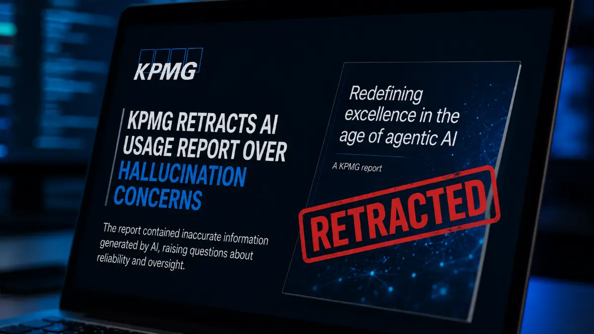 Laptop screen displaying a retracted KPMG AI usage report with a red "RETRACTED" stamp and highlighted hallucination concerns
