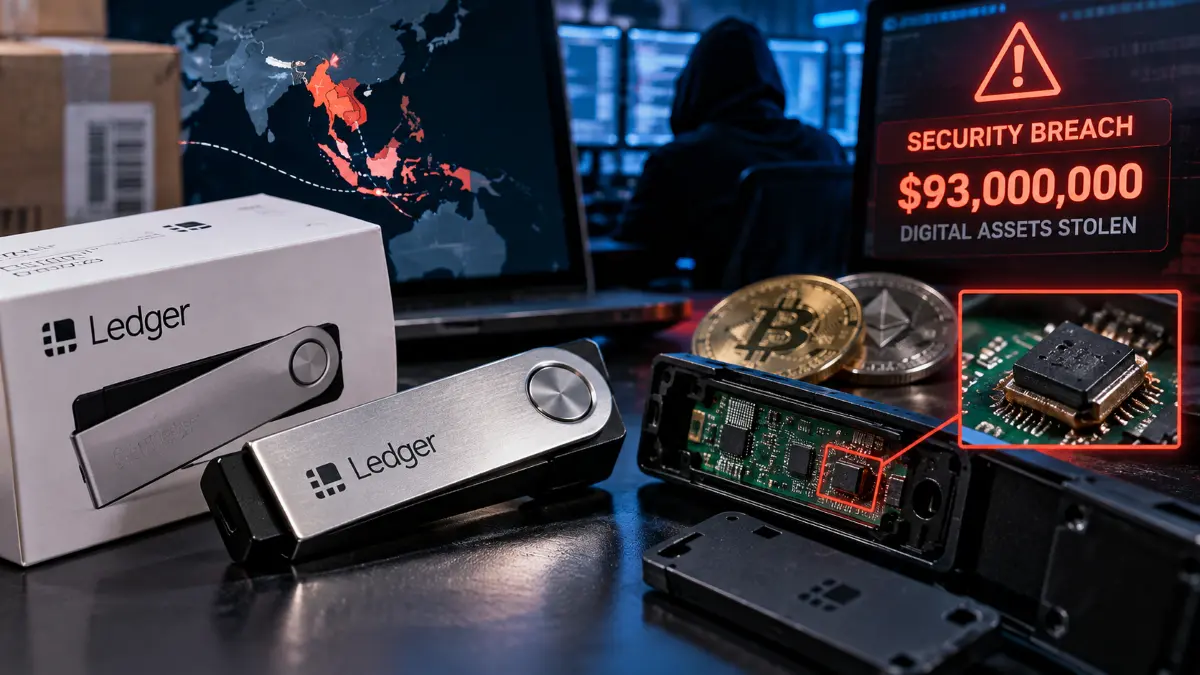 Hardware cryptocurrency wallets with exposed internal chip, digital coins, and a shadowy figure in front of a multiple-screen setup